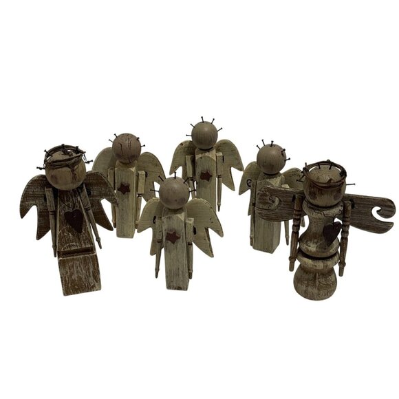 Handcrafted Wooden Angel Brown Figurines Set Of 6 Piece Rustic Finish Halos 4" - Picture 1 of 16